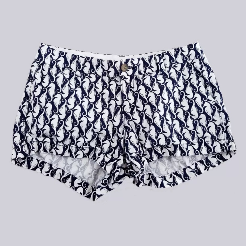 White Navyblue Shorts With Seahorses Print - Picture 1 of 1